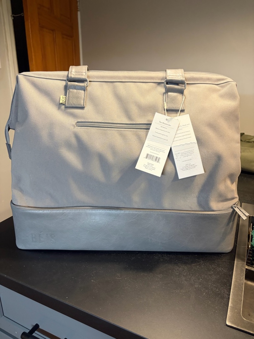NWT BEIS Light Gray Duffel Weekender Bag with Faux-Leather Base